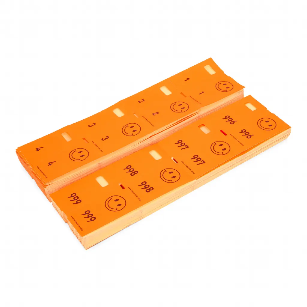 1000 förtryckta garderobsbiljetter, neonröda/orange